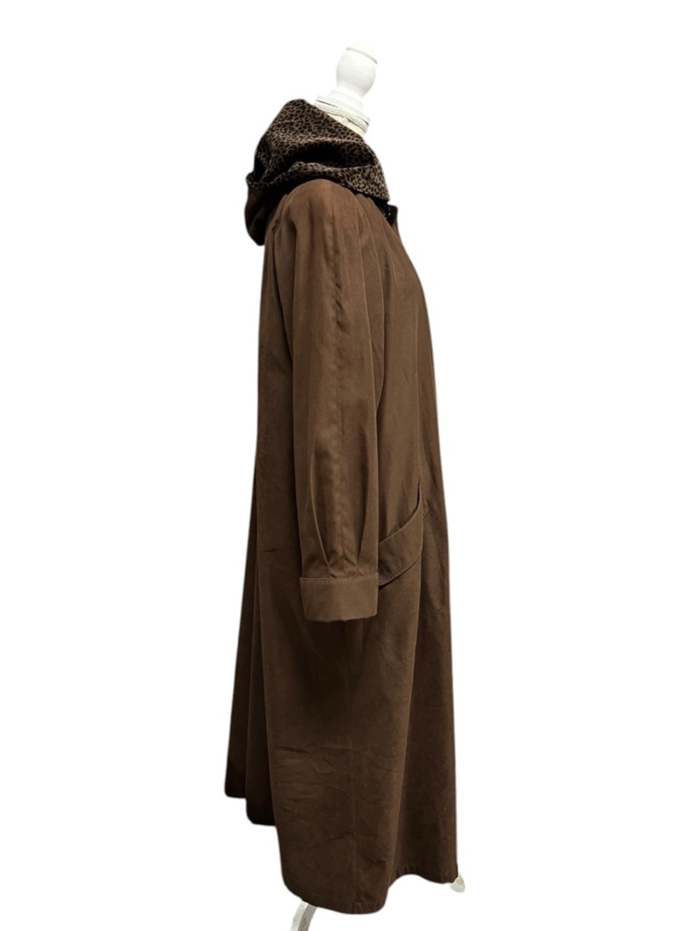 🌻Vintage 90s Gallery Brown Hooded Trench Coat Leopard Print Hood Lining Size 8 - Picture 6 of 10